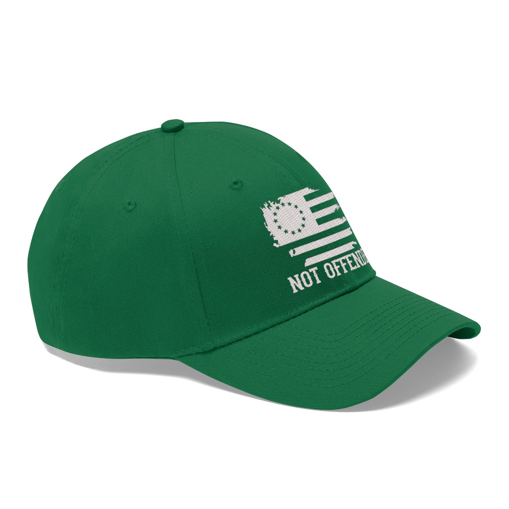 Embroidered Not Offended Adjustable Twill Cap in green, showcasing bold design and free-speech statement.