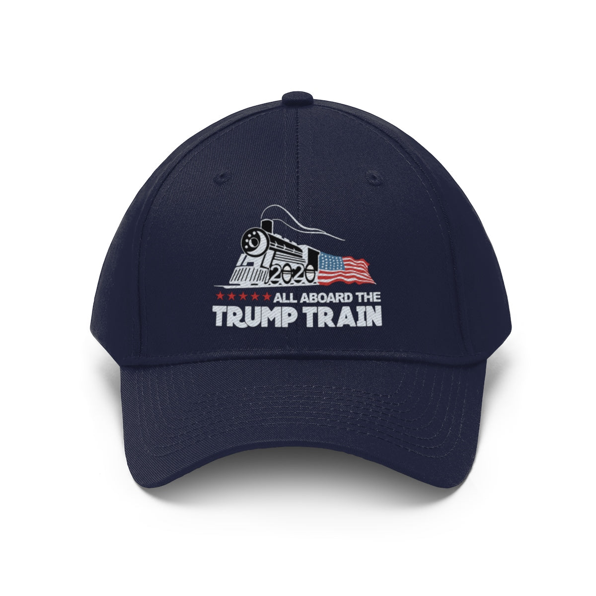 All Aboard The Trump Train 2020 Twill Cap featuring a train and American flag design.