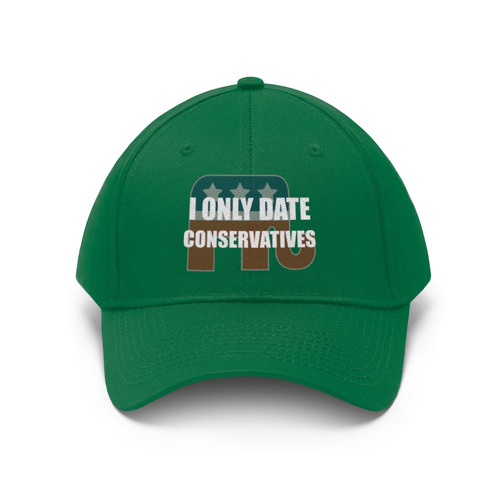 I Only Date Conservatives Twill Cap in green showcasing a bold political statement for footwear enthusiasts.