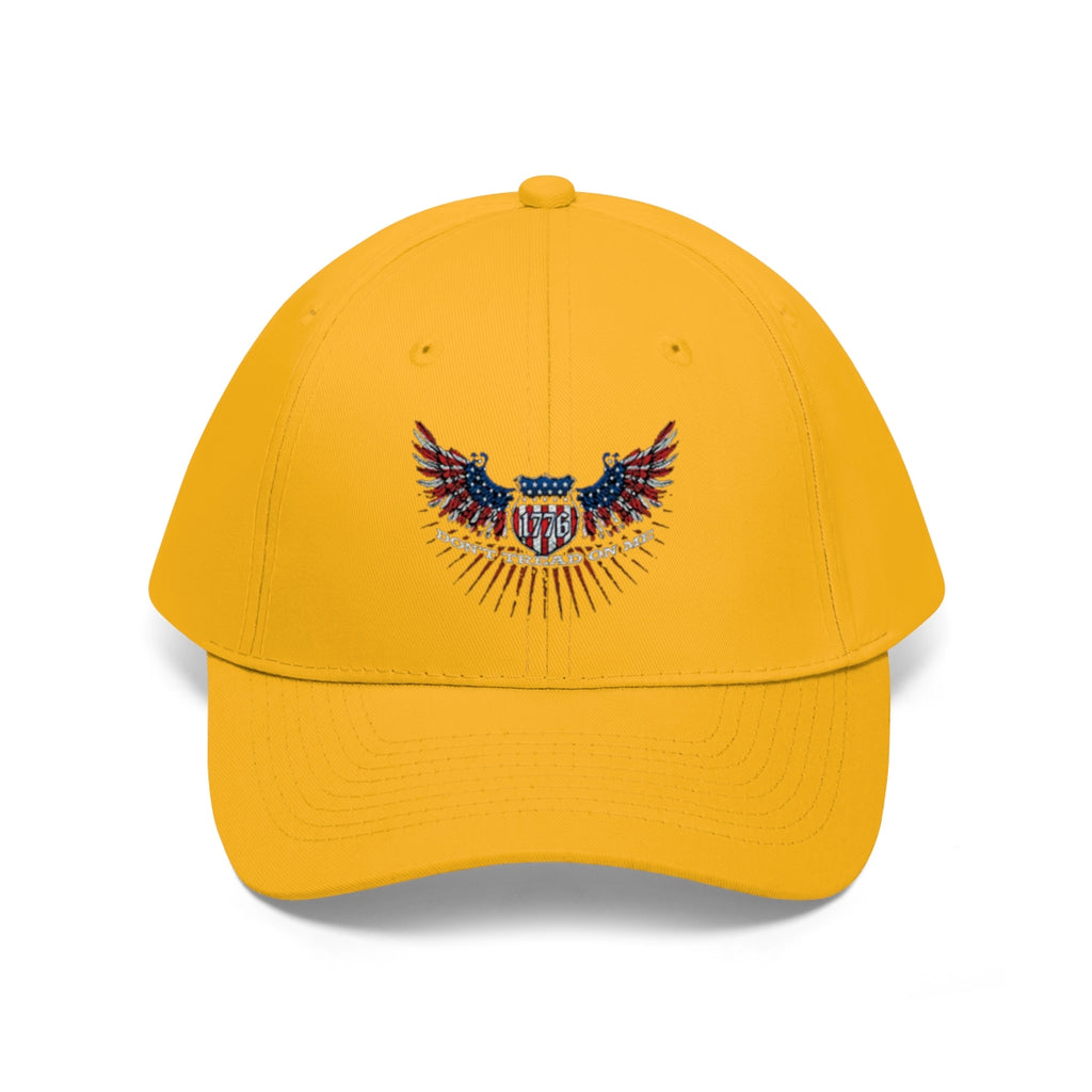 Don't Tread On Me 1776 Eagle American Flag Twill Cap in yellow with eagle graphic design.