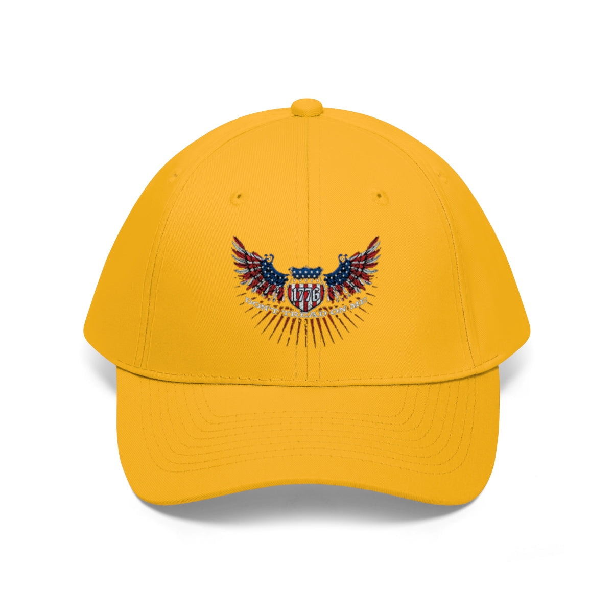Don't Tread On Me 1776 Eagle American Flag Twill Cap in yellow with eagle graphic design.