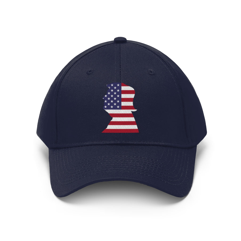 Trump American Flag SilhouetteTwill Cap featuring a red, white, and blue flag design on navy background.