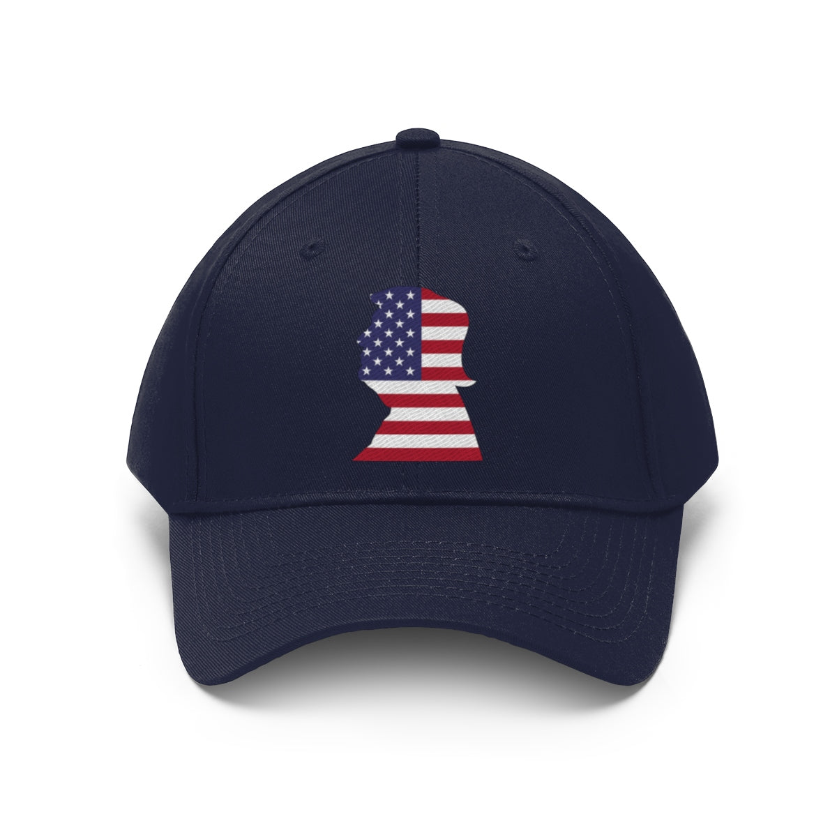 Trump American Flag SilhouetteTwill Cap featuring a red, white, and blue flag design on navy background.