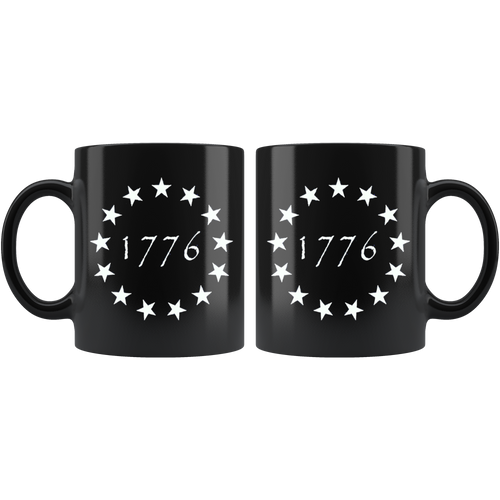 Betsy Ross Stars 1776 Patriotic Graphic on black ceramic mug, perfect for hot and cold beverages with ORCA coating, 11oz size.