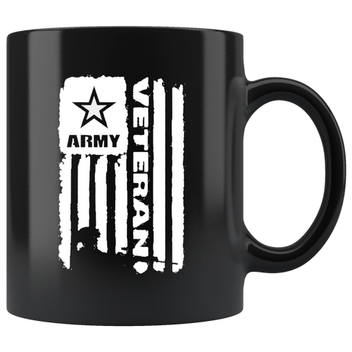 Army Veteran Flag With Soldier Silhouette on black ceramic mug