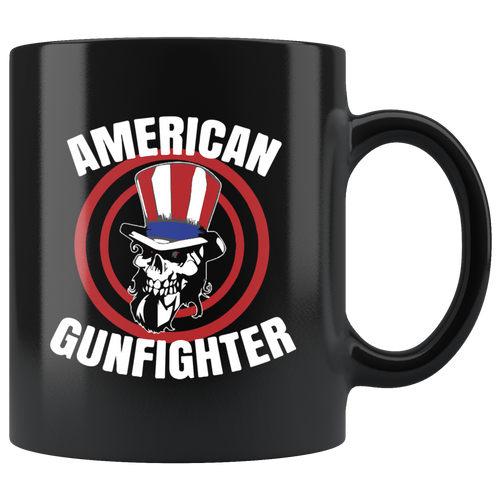American Gunfighter Patriotic Design black mug with skull and American flag hat graphic.