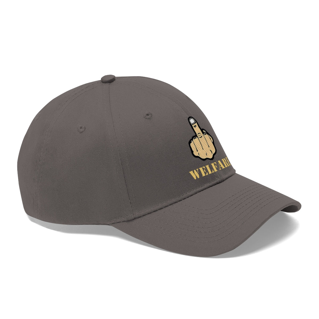 Vintage Fuck Welfare Cotton Twill Cap Design featuring a defiant graphic and bold lettering.