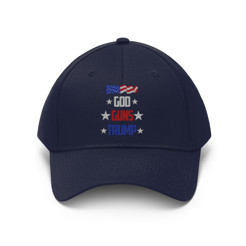 God Guns Trump Patriotic Twill Cap with American flag design on navy background.