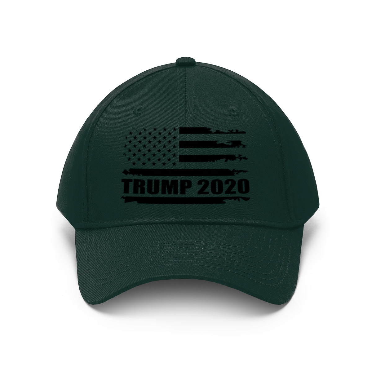 2020 Twill Cap Trump Bold Supporter Cap showcasing a black American flag design with 'TRUMP 2020' text.