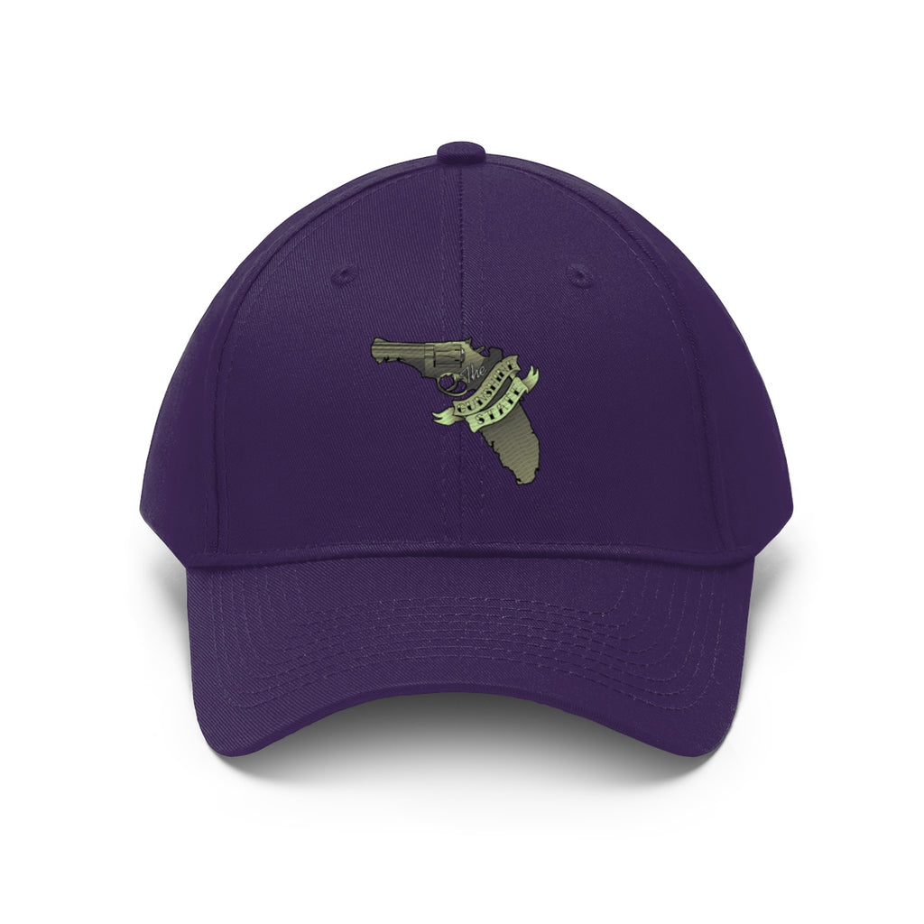 Florida The Gunshine State Twill Cap featuring a gun emblem on a purple background.