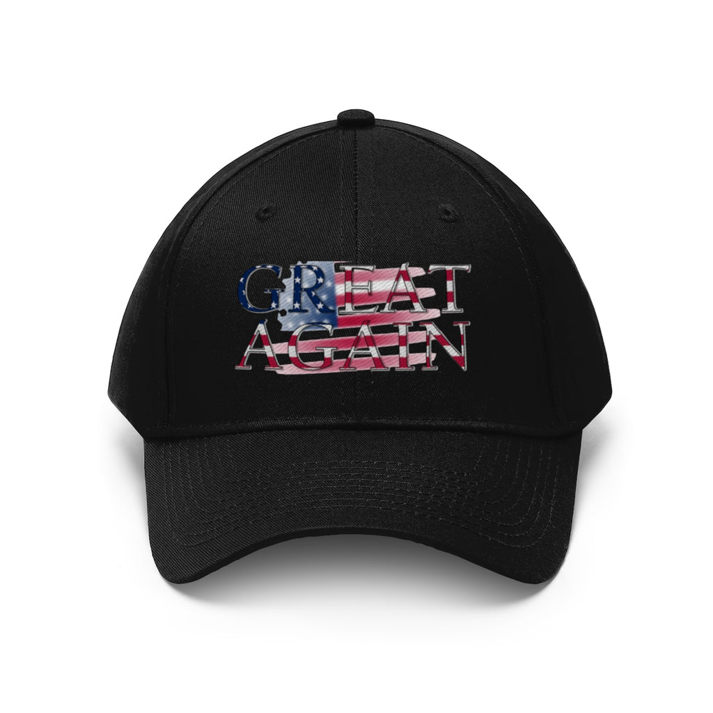 Great Again On Faded American Flag Twill Cap featuring a black hat with a distressed American flag design.