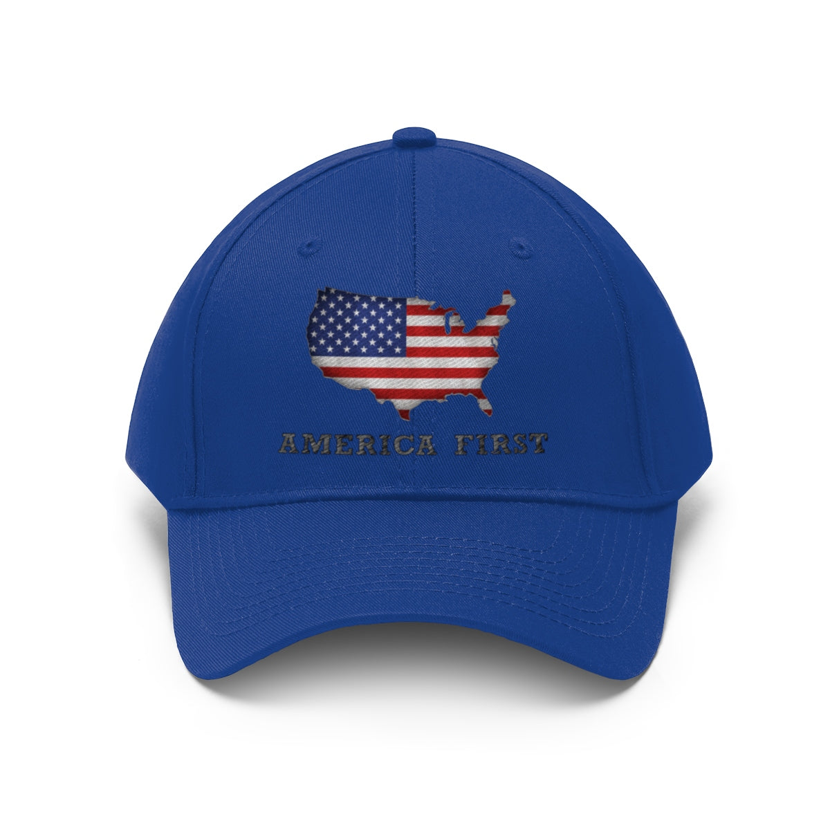 America First Twill Cap Bold USA Pride Casual Cap featuring a USA flag design on a blue background.