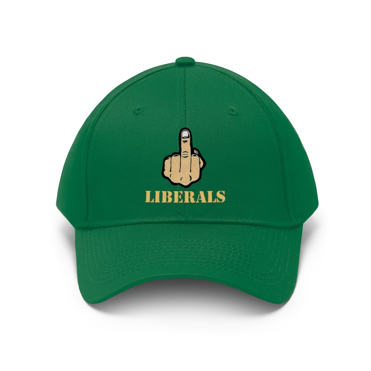Vintage Fuck Liberals Cotton Twill Cap Design features a bold graphic on a green cap, expressing an unapologetic stance.