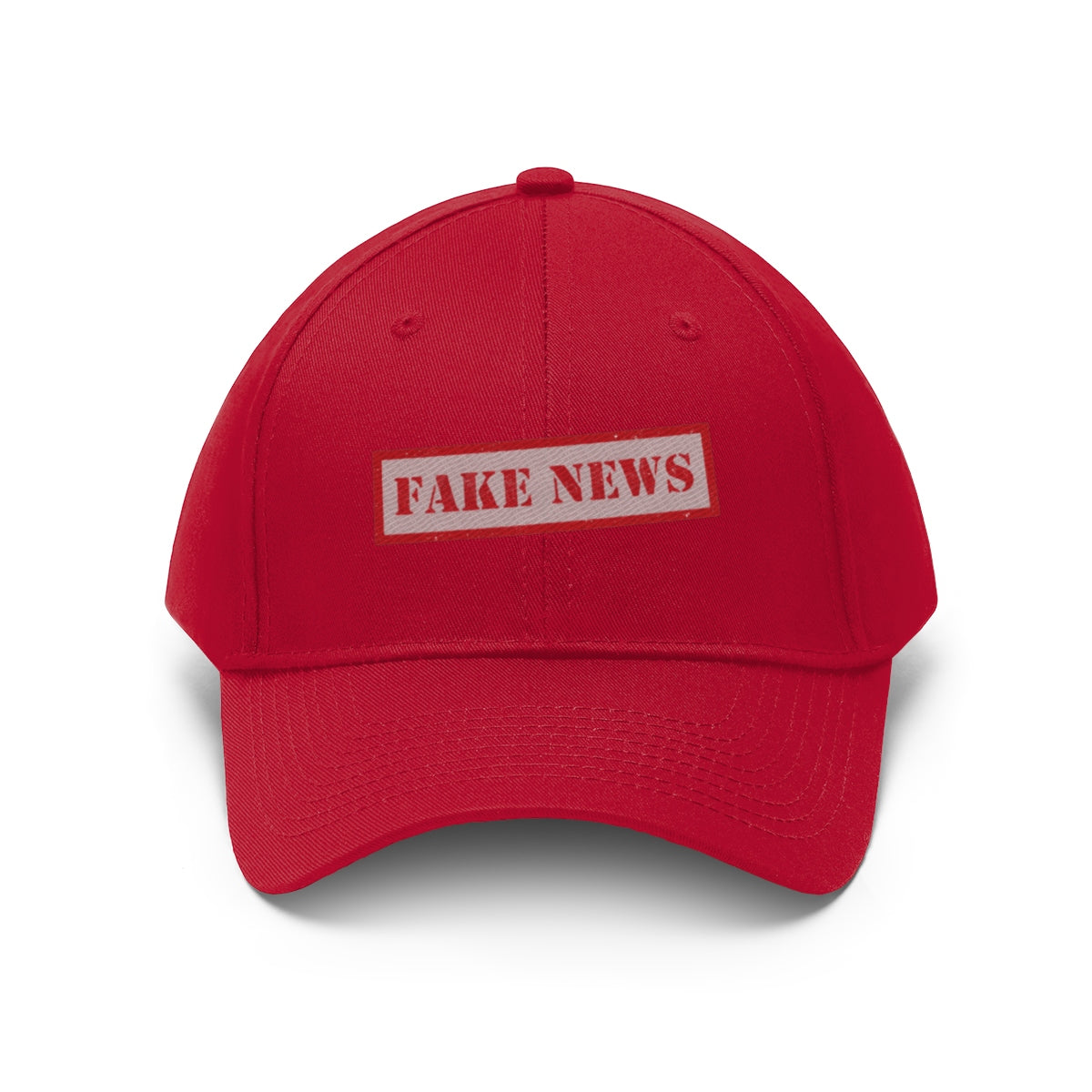 Classic Fake News Twill Baseball Cap in red with a bold 'FAKE NEWS' print on the front.