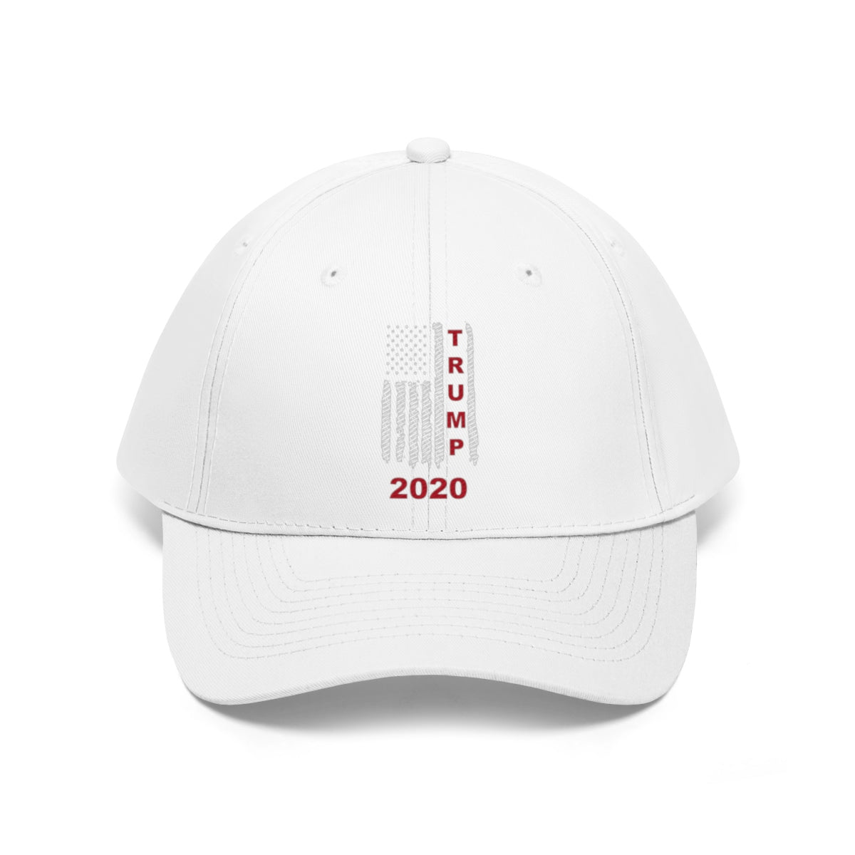 Trump 2020 Red On Distressed American Flag Twill Cap featuring white fabric and bold text design.