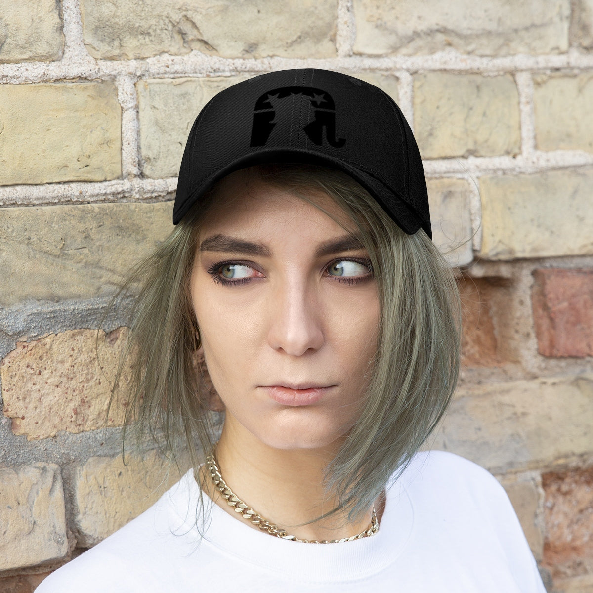 Trump Silhouette On GOP Symbol Twill Cap worn by a model, showcasing a black cap with a GOP emblem.