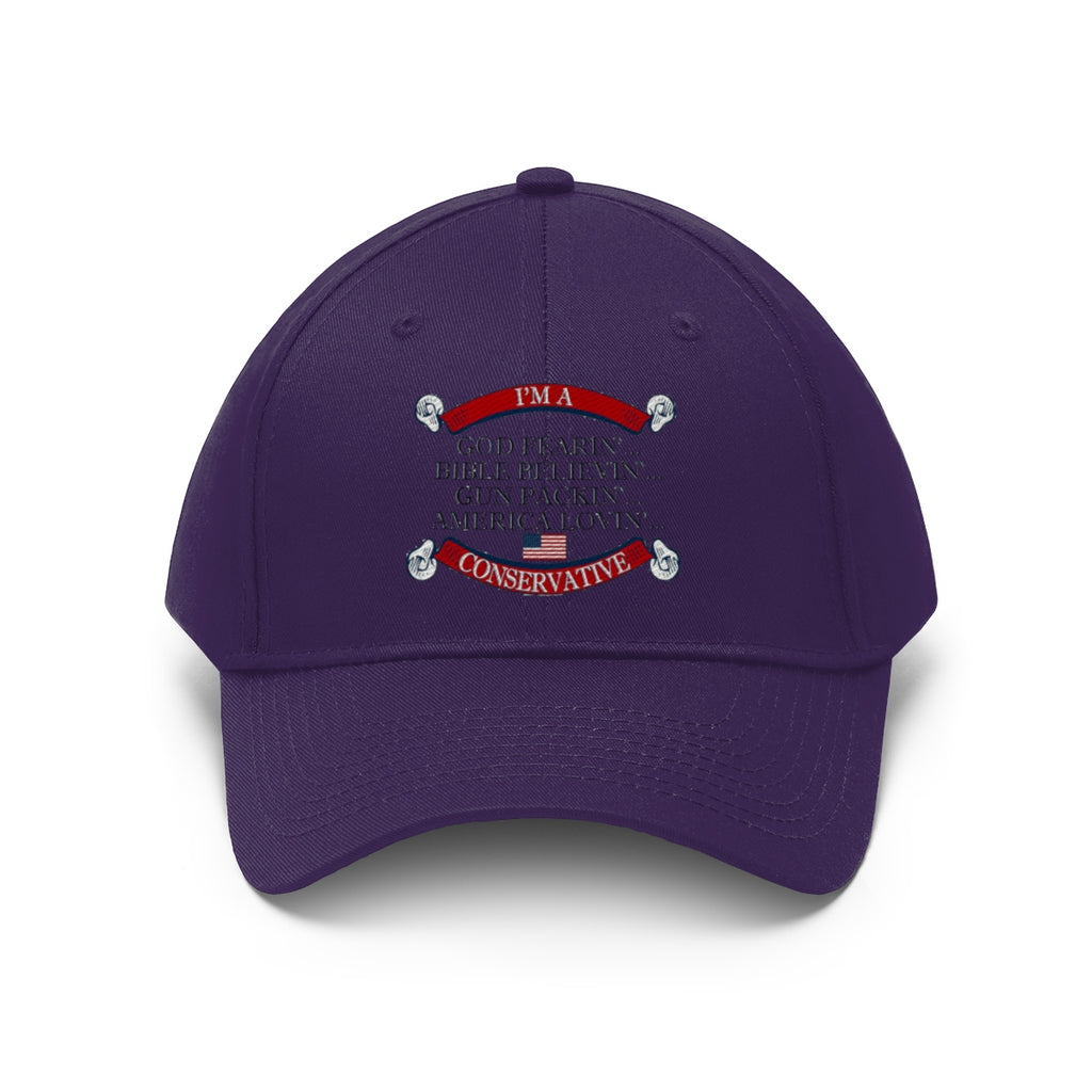 America Lovin' Conservative Twill Cap showcasing a bold statement on a purple curved-brim hat for patriots.