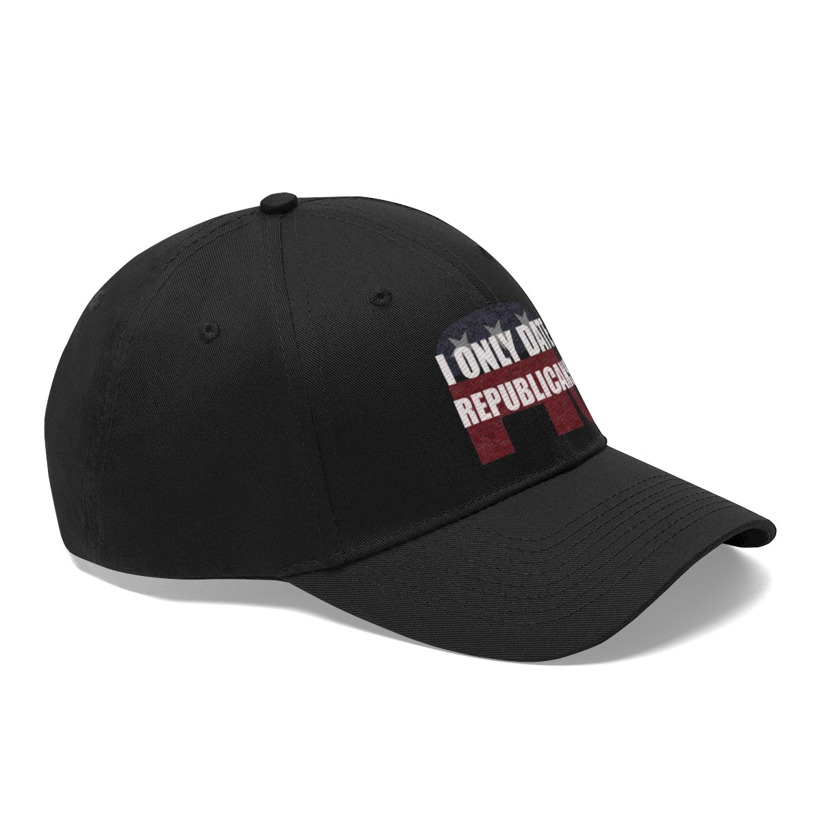 I Only Date Republicans Twill Cap featuring a bold text design on a black cap for political statement wear.