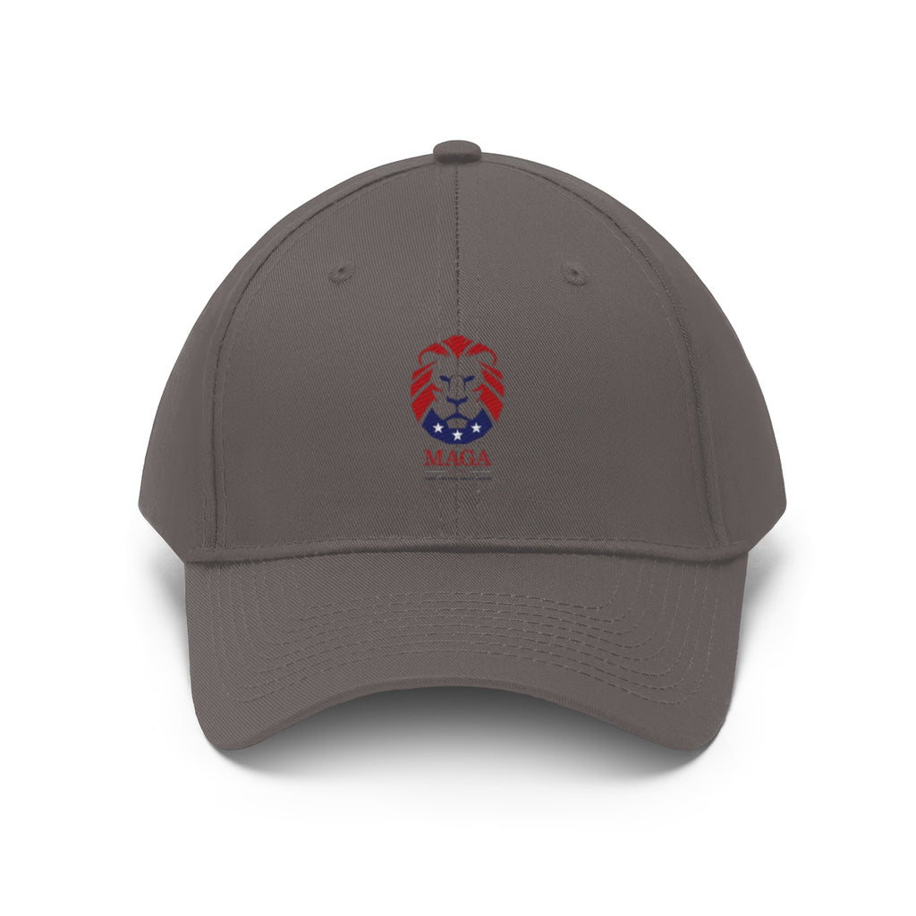 MAGA Lion Embroidered Cotton Twill Cap Design featuring a lion emblem with patriotic colors.