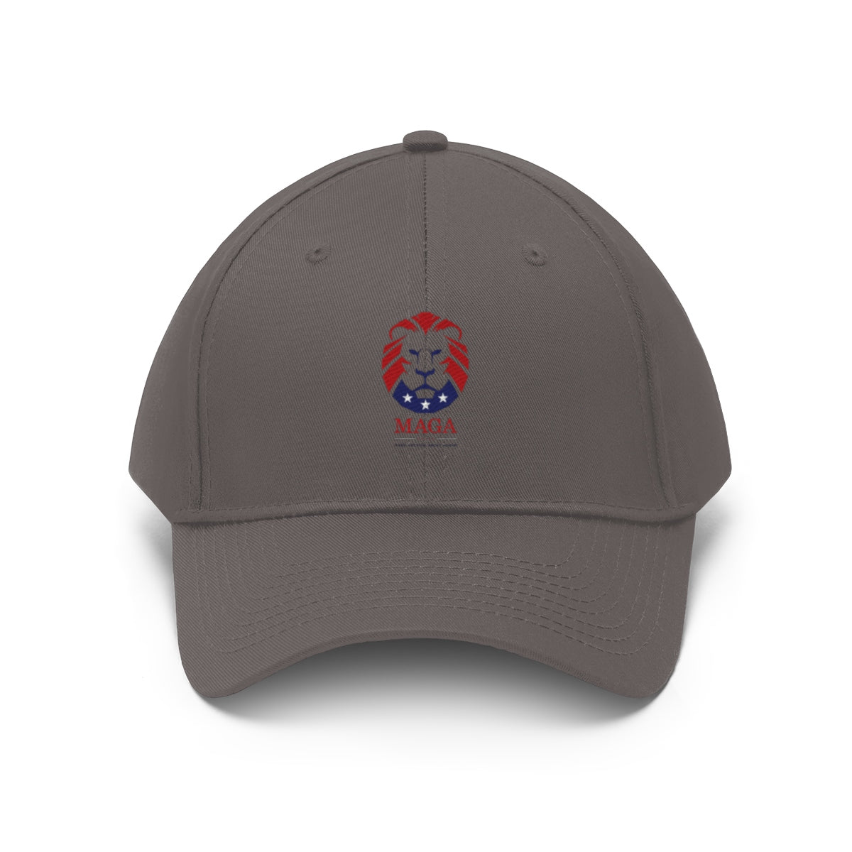 MAGA Lion Embroidered Cotton Twill Cap Design featuring a lion emblem with patriotic colors.