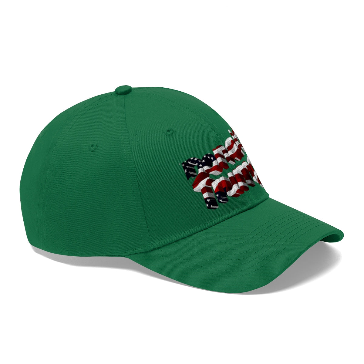 Donald Trump With American Flag Colors Twill Cap showcasing red, white, and blue design on a green cap.