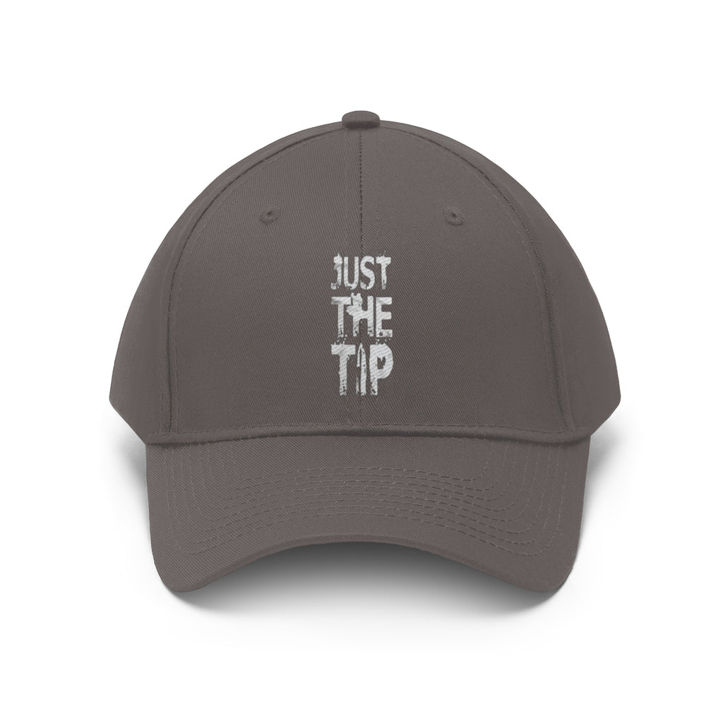 Just The Tip Funny Quote Twill Baseball Cap with a humorous text design on a gray baseball cap.