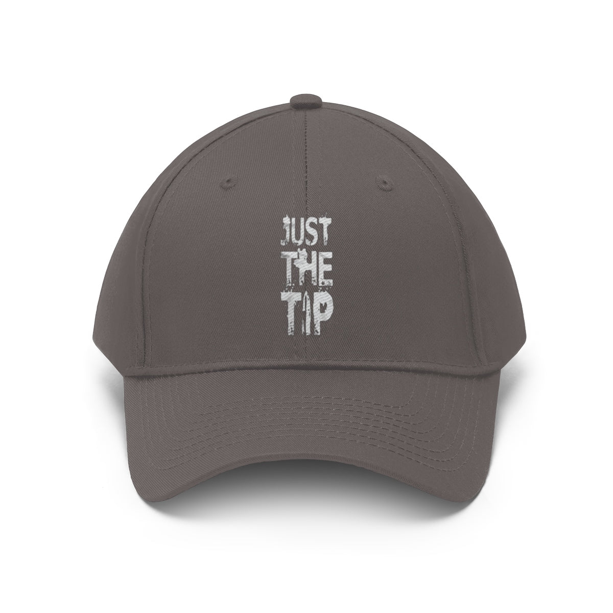Just The Tip Funny Quote Twill Baseball Cap with a humorous text design on a gray baseball cap.