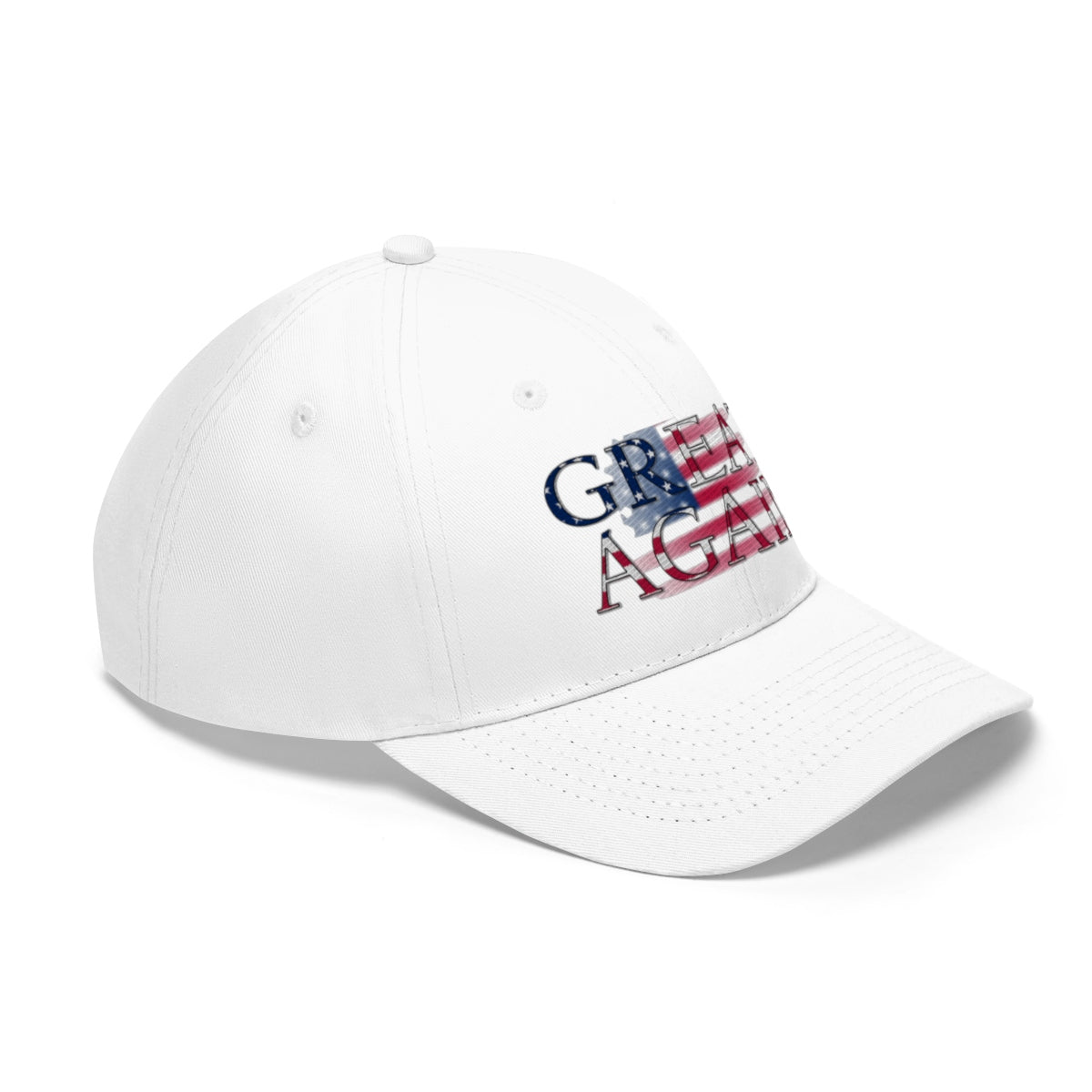 Great Again On Faded American Flag Twill Cap displayed on a white baseball cap with faded American flag design.