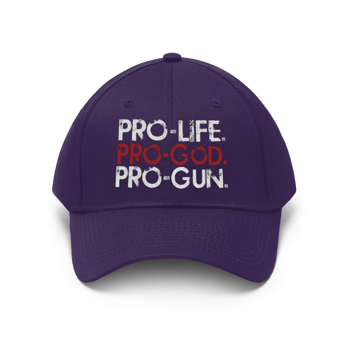 Pro-Life Pro-God Pro-Gun Cotton Twill Cap displayed on a stylish purple cap showcasing classic core-values message.