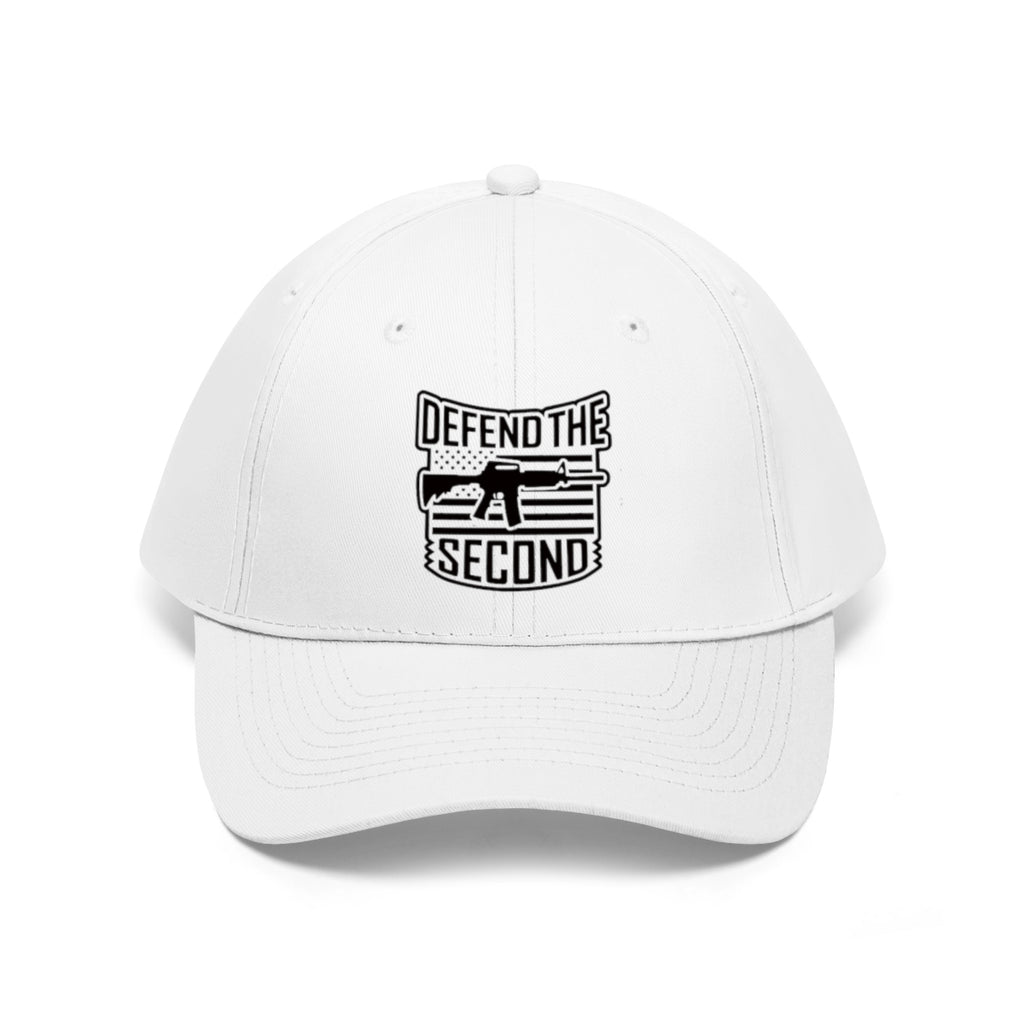 Defend the Second Patriotic Twill Cap featuring bold graphic design on a white baseball cap.