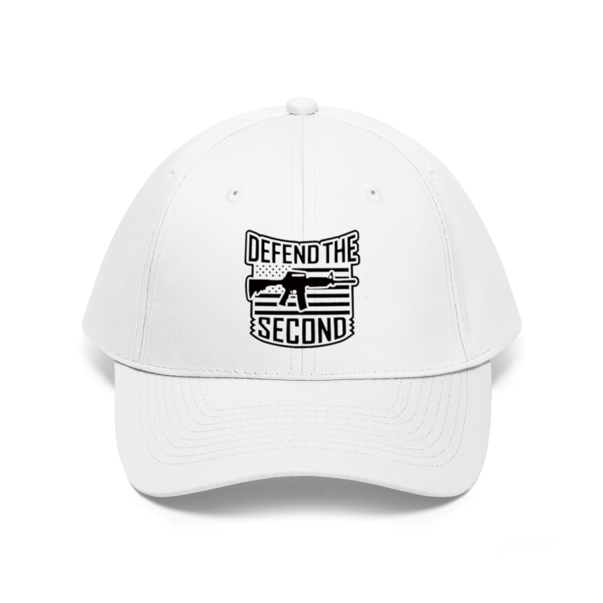 Defend the Second Patriotic Twill Cap featuring bold graphic design on a white baseball cap.