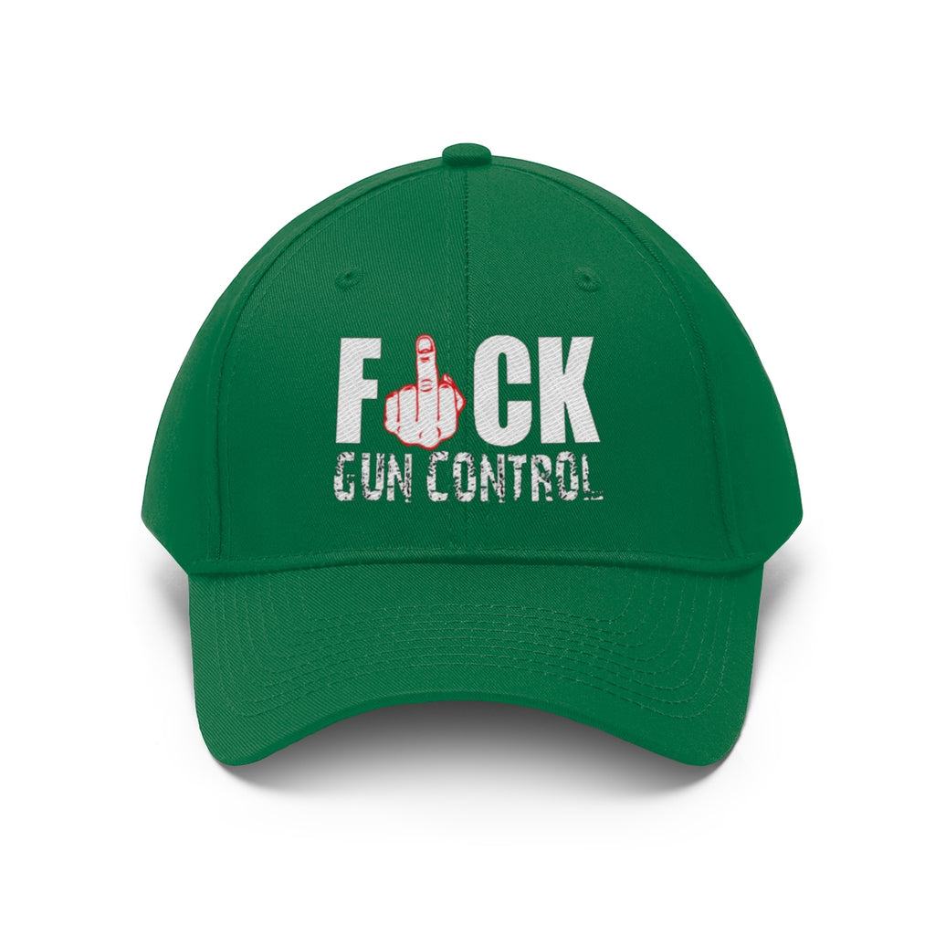 Fuck Gun Control Red Finger Twill Baseball Cap displayed on a green baseball cap.