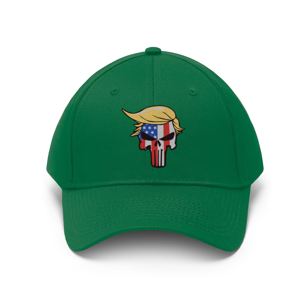 Classic Punisher Twill Cap with Trump Design in green featuring Trump-themed skull logo.