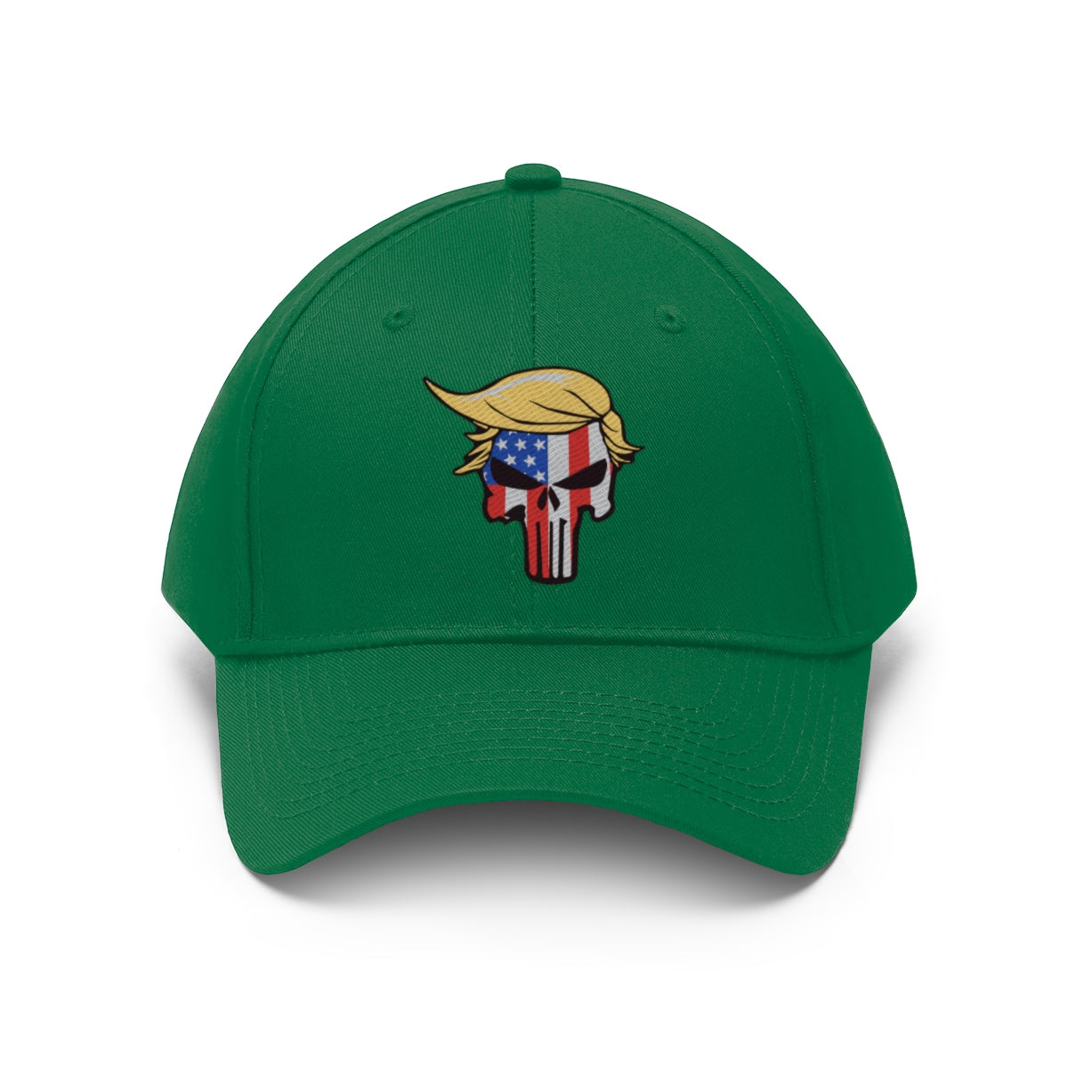 Classic Punisher Twill Cap with Trump Design in green featuring Trump-themed skull logo.