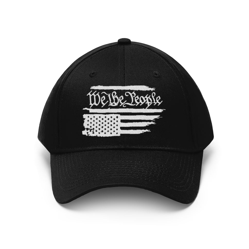 We The People On Distressed American Flag Twill Cap featuring a unique design with a distressed American flag.
