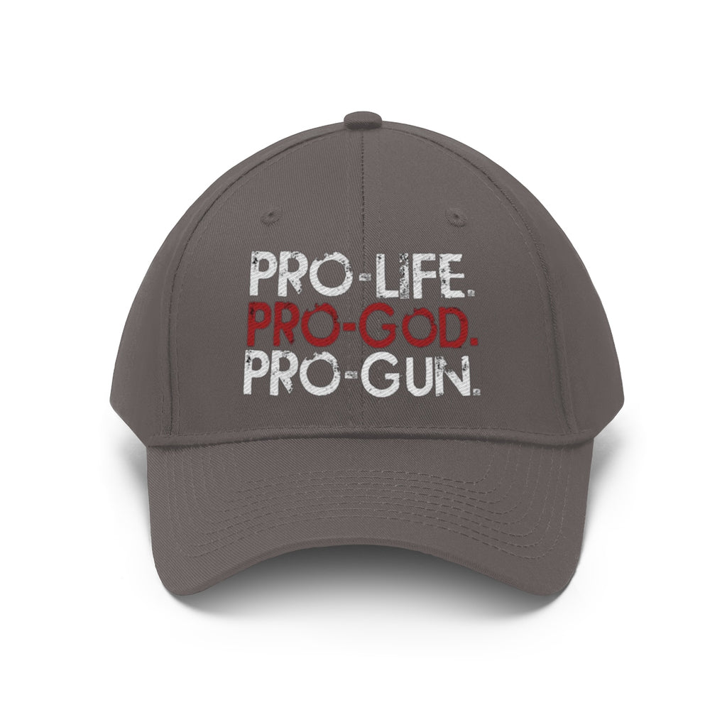 Pro-Life Pro-God Pro-Gun Cotton Twill Cap showcasing strong conservative values and beliefs on a stylish gray cap.