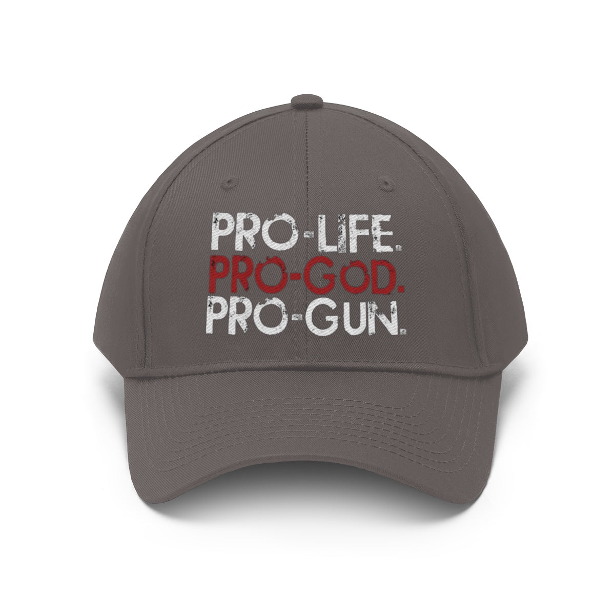 Pro-Life Pro-God Pro-Gun Cotton Twill Cap showcasing strong conservative values and beliefs on a stylish gray cap.