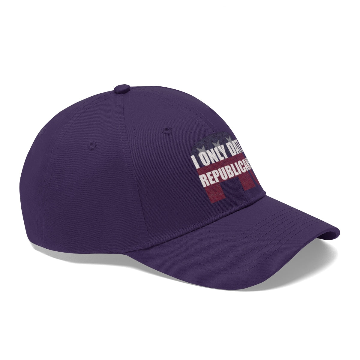 I Only Date Republicans Twill Cap in purple with a bold political message on the front.
