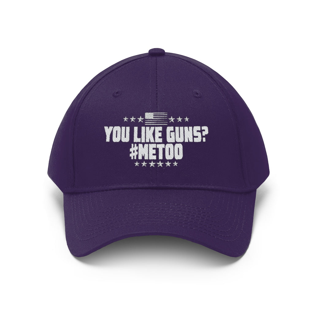 You Like Guns Me Too Twill Cap featuring bold text and patriotic design on a purple dad hat.