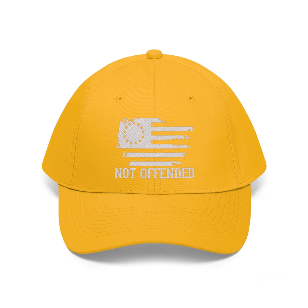 Embroidered Not Offended Adjustable Twill Cap in yellow with a graphic design on the front.