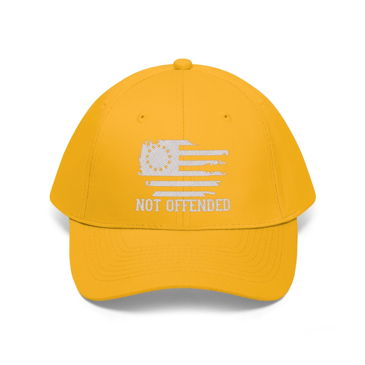 Embroidered Not Offended Adjustable Twill Cap in yellow with a graphic design on the front.