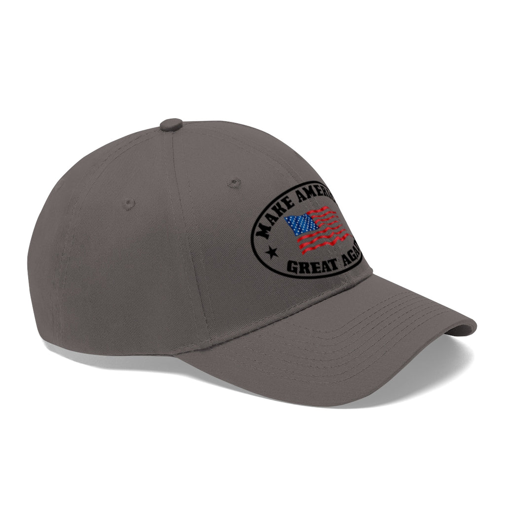 Make America Great Again US Flag Twill Cap with a classic design and political message on a stylish gray background.
