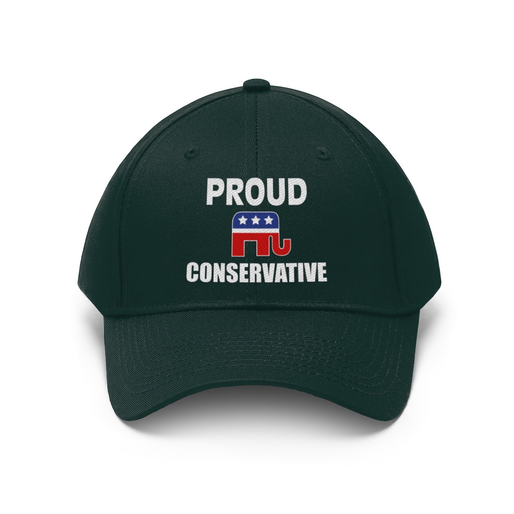 Classic Proud Conservative Twill Baseball Cap featuring embroidered text 'PROUD CONSERVATIVE' with elephant logo.