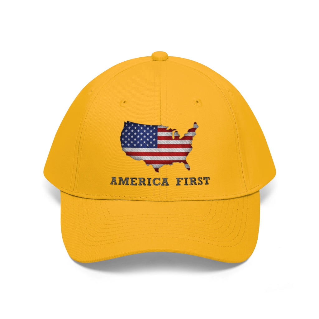 America First With American Flag Twill Cap in yellow with USA map and stars and stripes design, celebrating patriotic values.