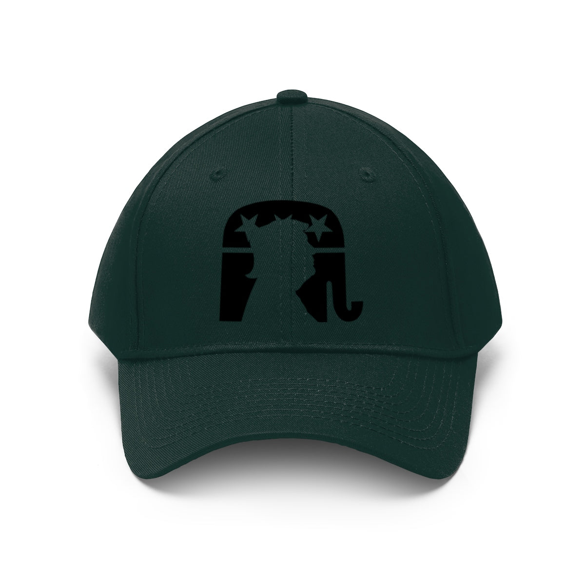 Trump Silhouette On GOP Symbol Twill Cap in dark green with contrasting black logo design.