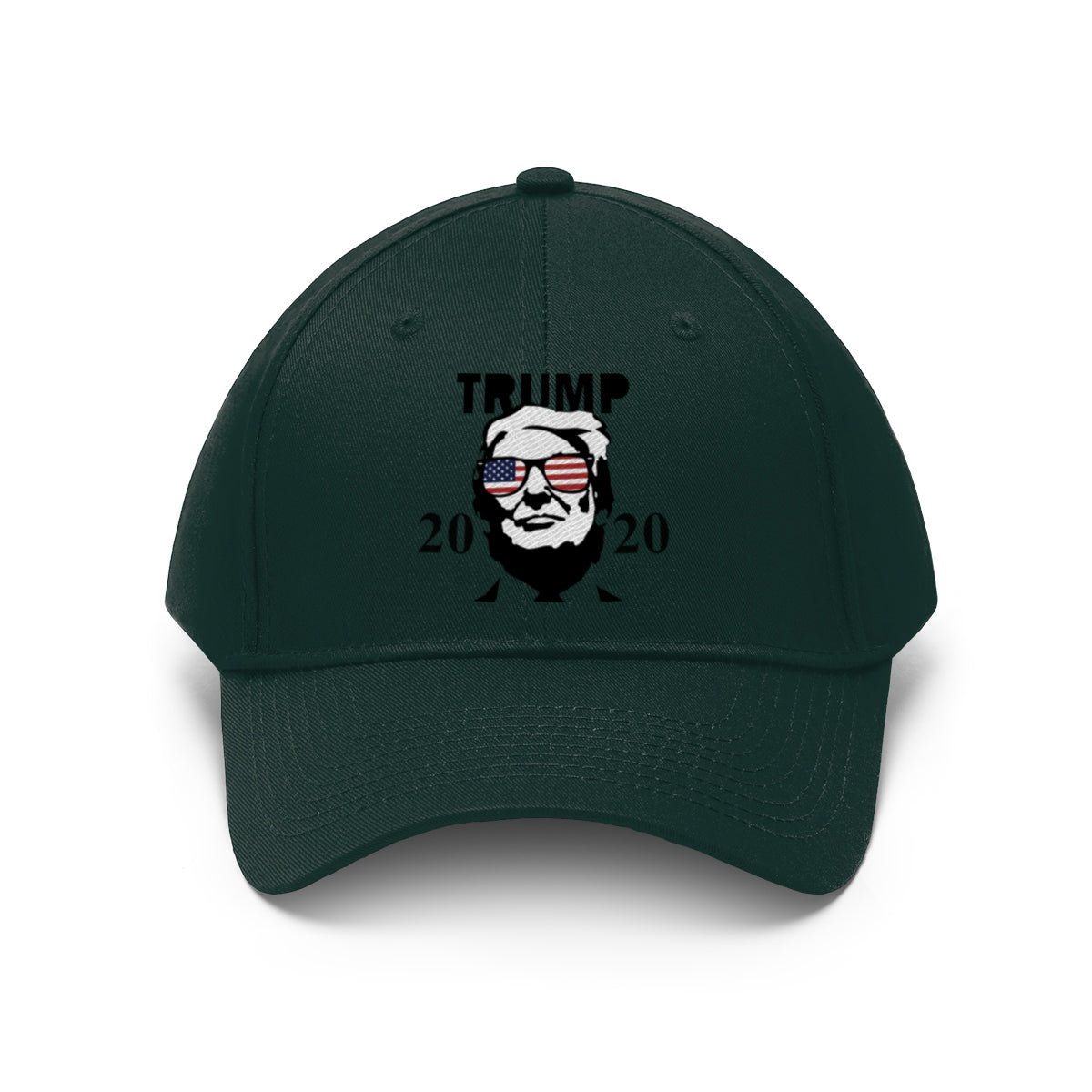 Trump 2020 With US Flag Glasses Twill Cap featuring a graphic of Trump in sunglasses with a patriotic design.