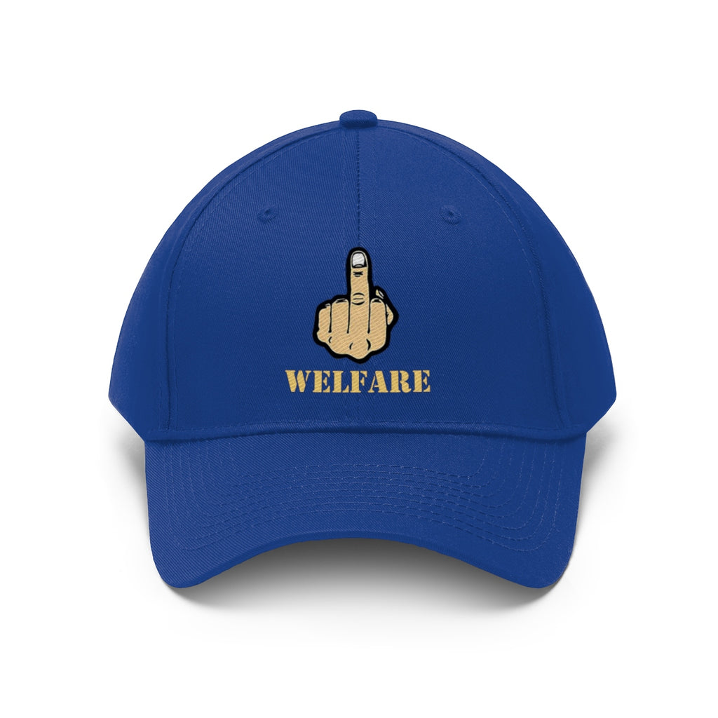 Vintage Fuck Welfare Cotton Twill Cap Design with bold middle finger graphic and 'WELFARE' text.