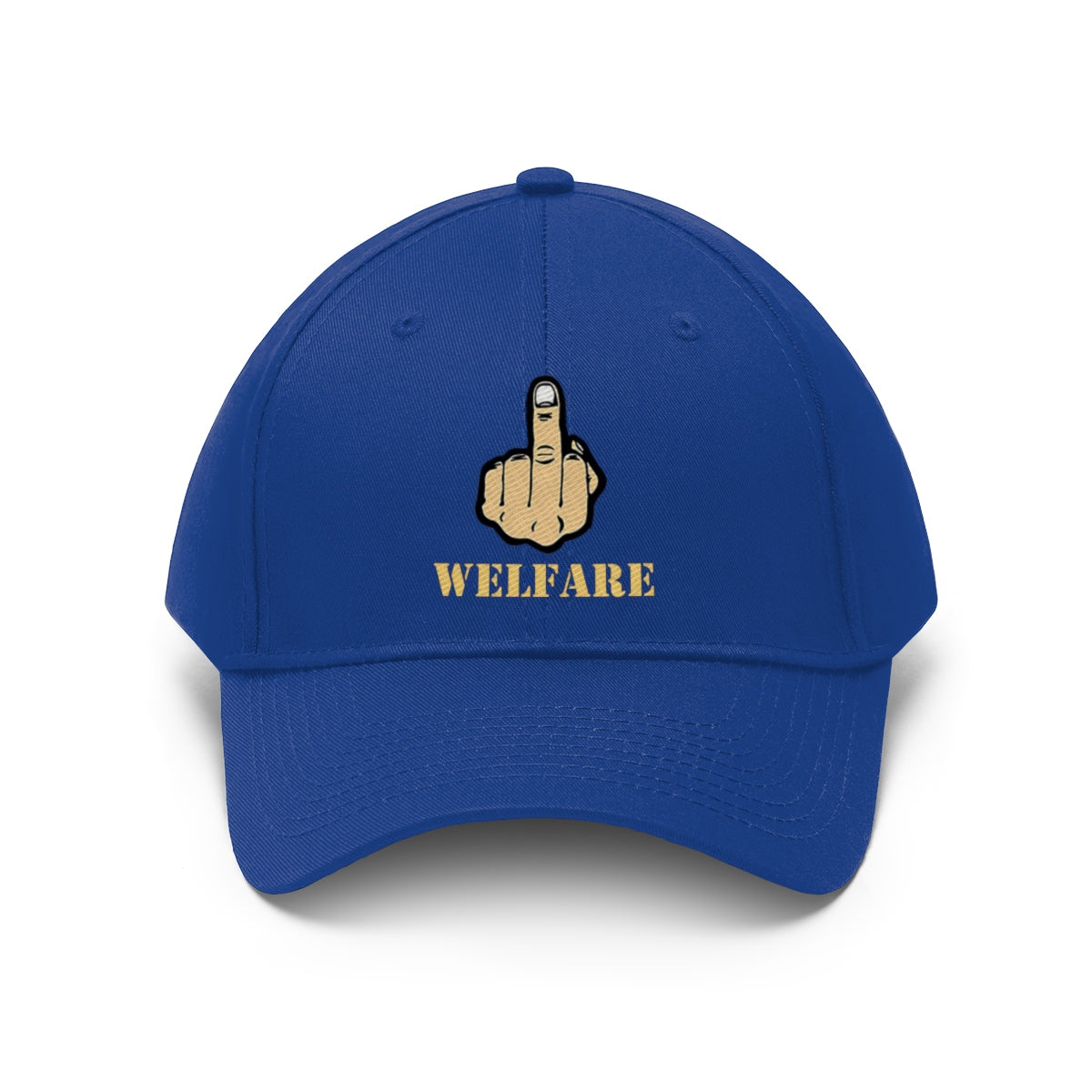 Vintage Fuck Welfare Cotton Twill Cap Design with bold middle finger graphic and 'WELFARE' text.