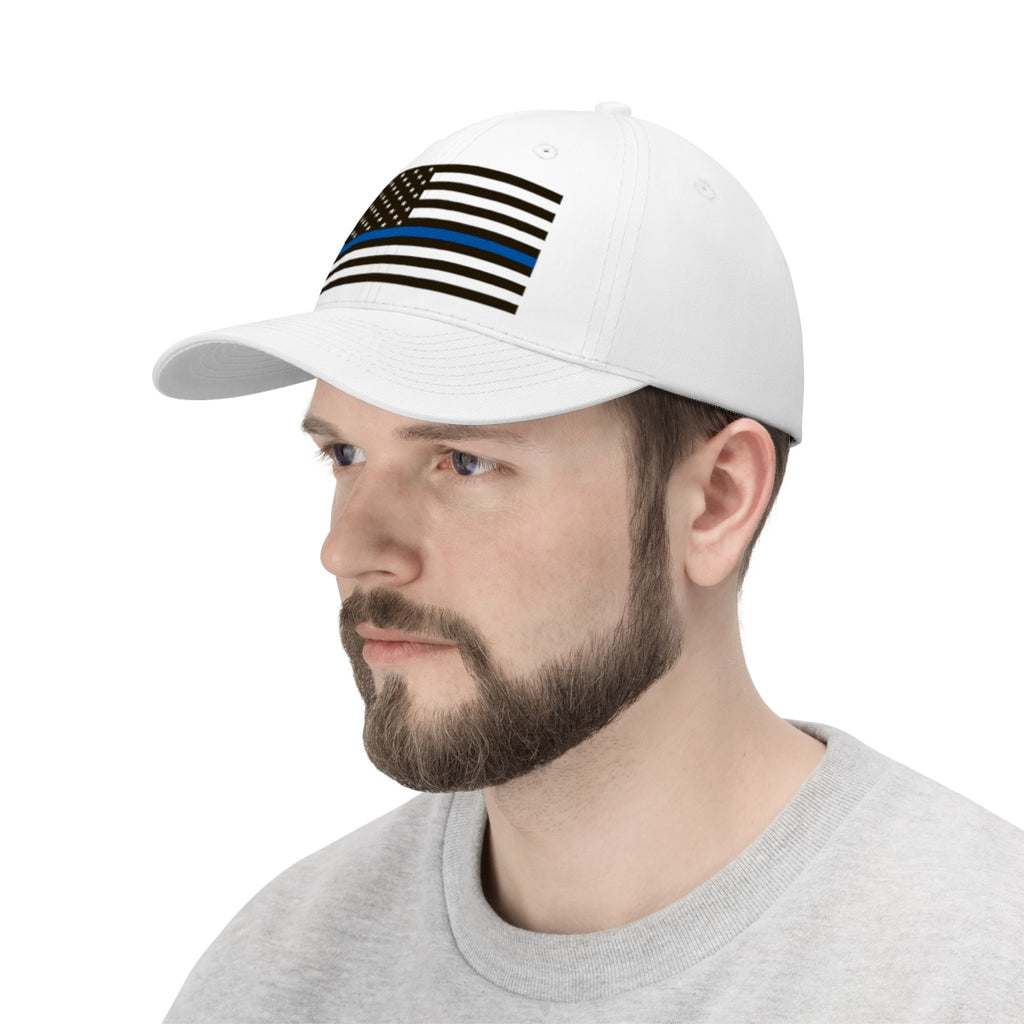 Thin Blue Line American Flag Twill Cap worn by a man, showcasing bold blue stripes on a white cap.