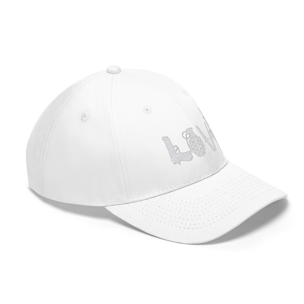 Love Combat Inspired Street Style Twill Cap in white with stylish lettering on the front.
